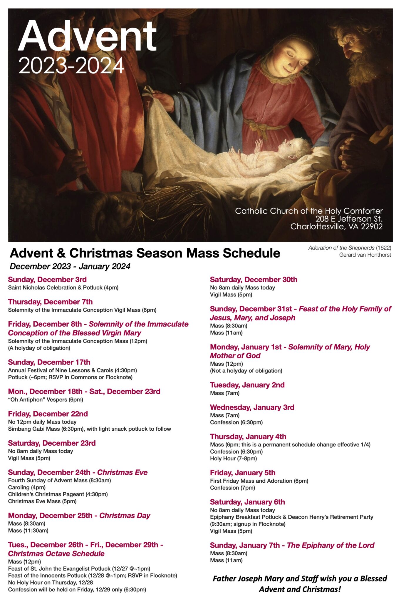 Advent Schedule 20232024 Holy Comforter Catholic Church