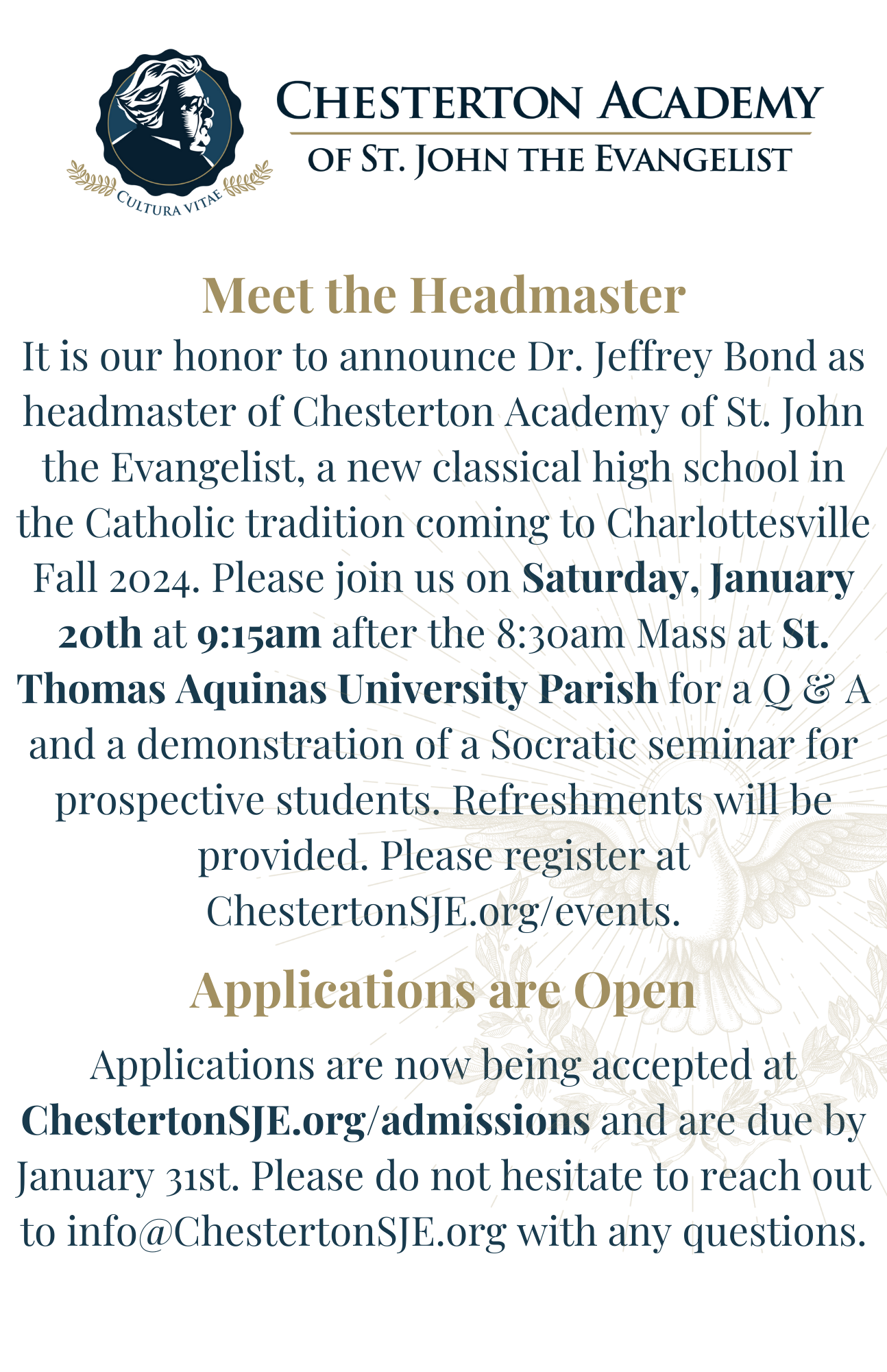 Chesterton Academy SJE - Meet the Headmaster Event
